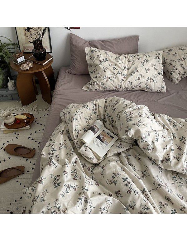 Ins small fresh retro small floral cotton four piece set cotton three piece set bed sheet quilt cover bedding wholesale