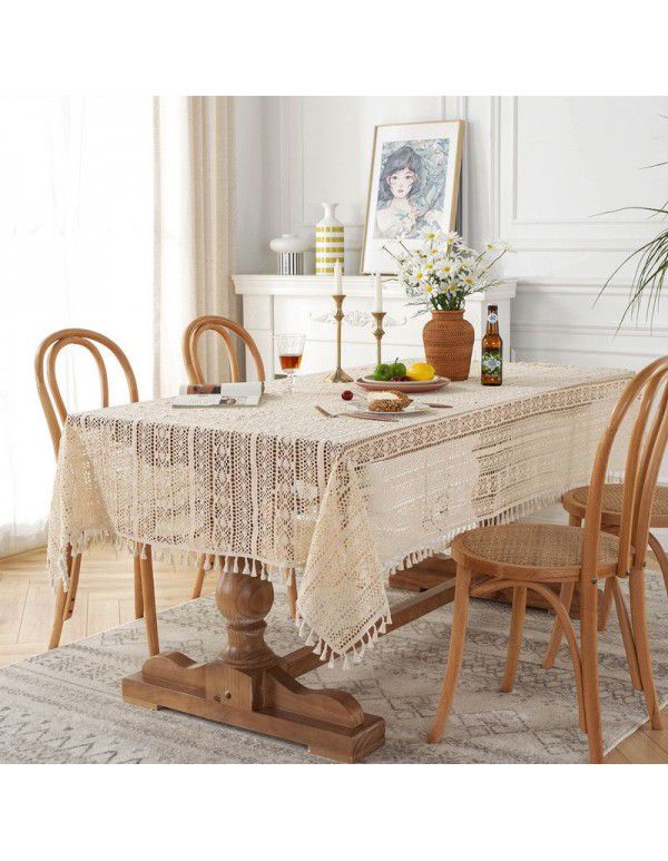 French wide straight edge pastoral crochet hollowed out table cloth lace tassel cloth tea table cloth manufacturer wholesale and distribution