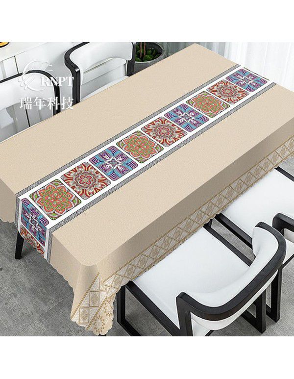 Simple and retro Chinese style national style tablecloth waterproof and oil proof PVC plastic tablecloth rectangular tea table tablecloth