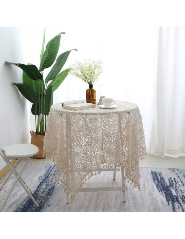 Countryside wind hook knitting cotton thread hollow tassel tablecloth tea table round table piano cloth tablecloth cross-border source