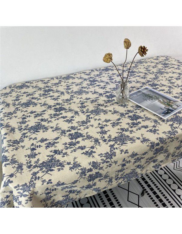 Korean retro blue floral tablecloth ins style rose picnicking cloth background cloth cotton linen tea table cloth