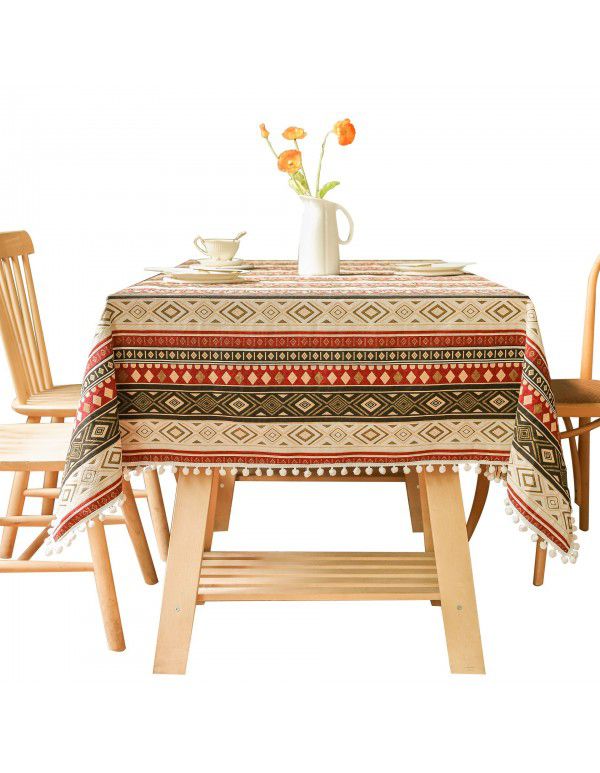 Ins Cross border New Moroccan Style Wool Ball Table Cloth Rectangular Desktop Set Decorative Table Cloth Tea Table Cover