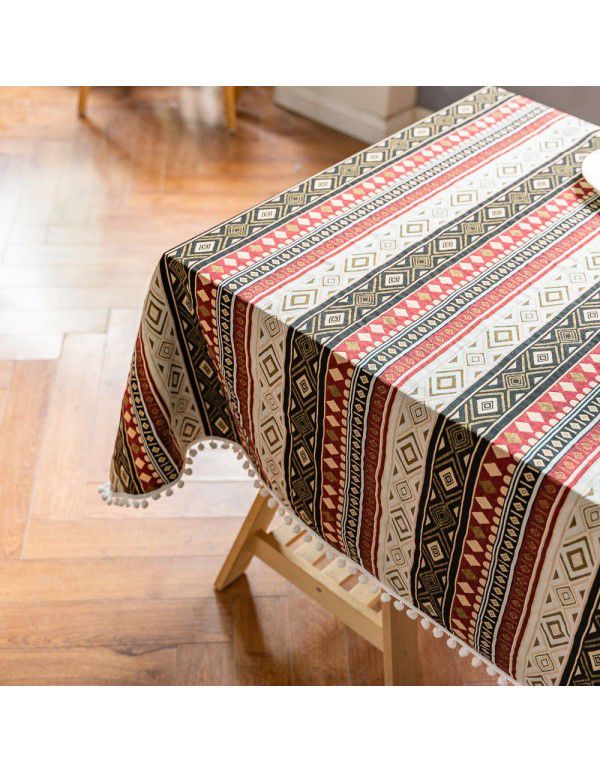 Ins Cross border New Moroccan Style Wool Ball Table Cloth Rectangular Desktop Set Decorative Table Cloth Tea Table Cover