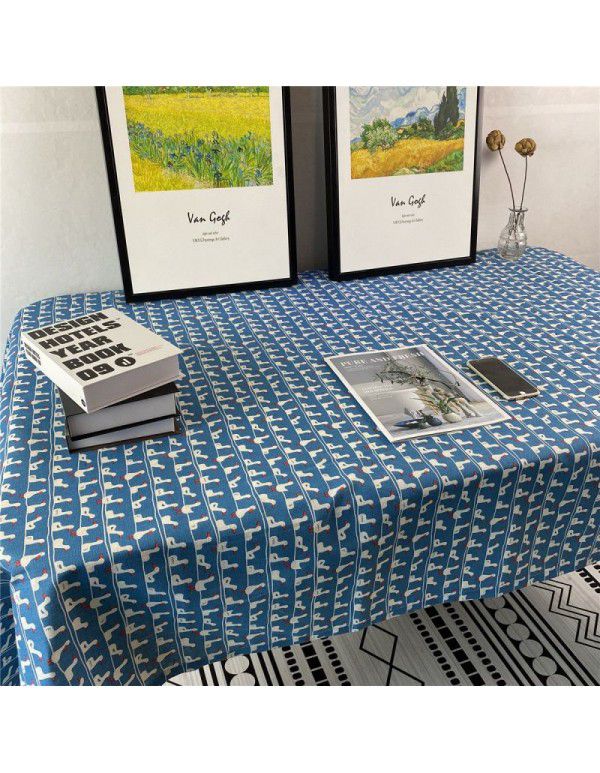 Korean retro blue floral tablecloth ins style rose picnicking cloth background cloth cotton linen tea table cloth