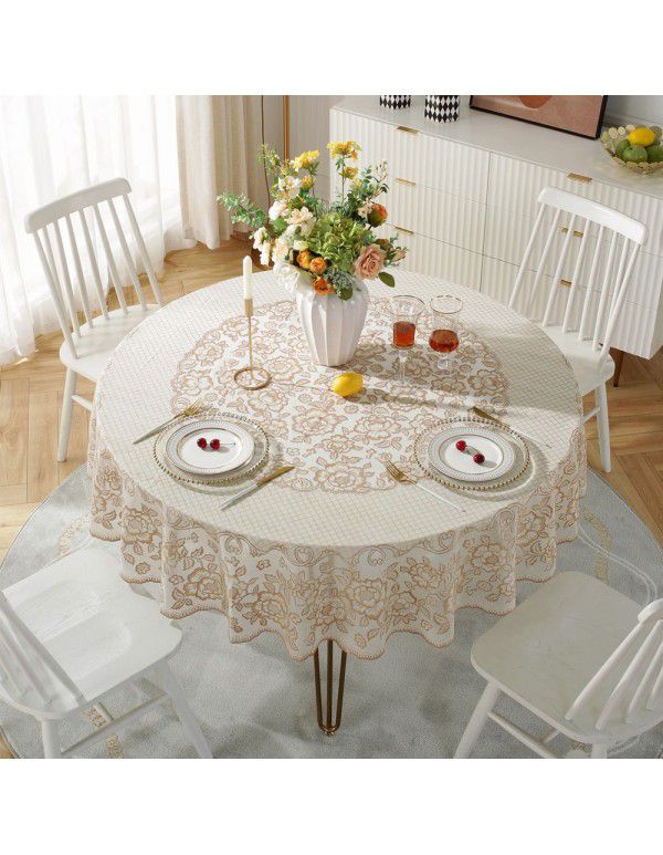 Cross border e-commerce gray big grid tassel imitation cotton linen tablecloth round household