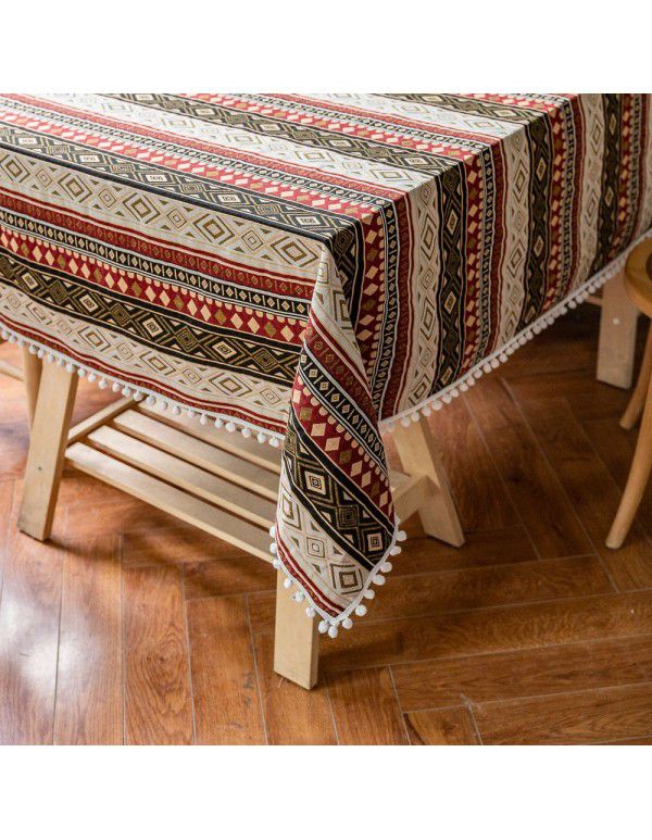 Ins Cross border New Moroccan Style Wool Ball Table Cloth Rectangular Desktop Set Decorative Table Cloth Tea Table Cover