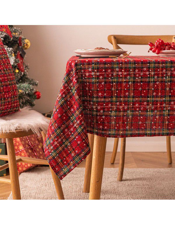 New American red and green plaid tablecloth snowflake printed tablecloth rectangular tea table cloth Christmas table cloth