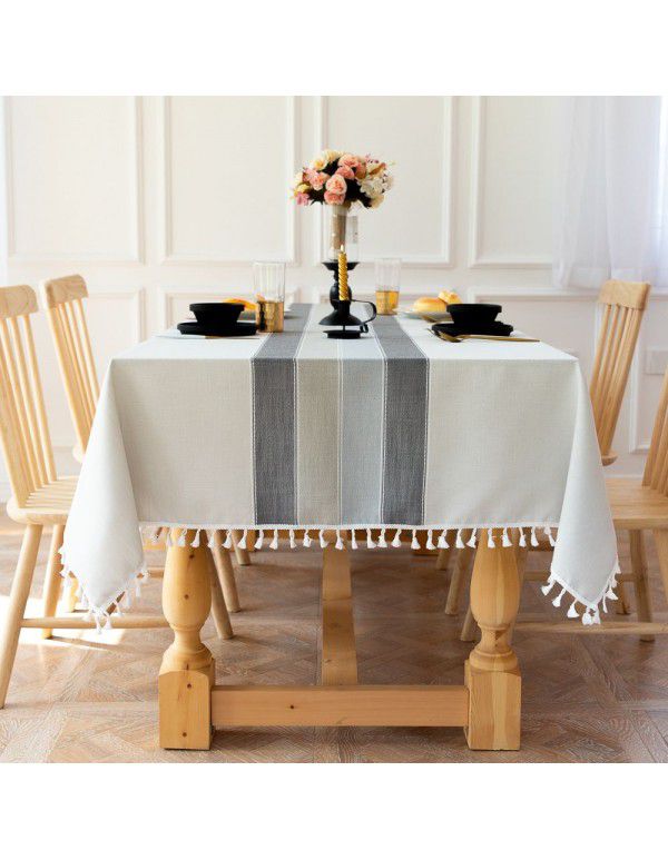  simple stripe decorative linen tablecloth tassels thickened rectangular wedding table cover tea table wholesale