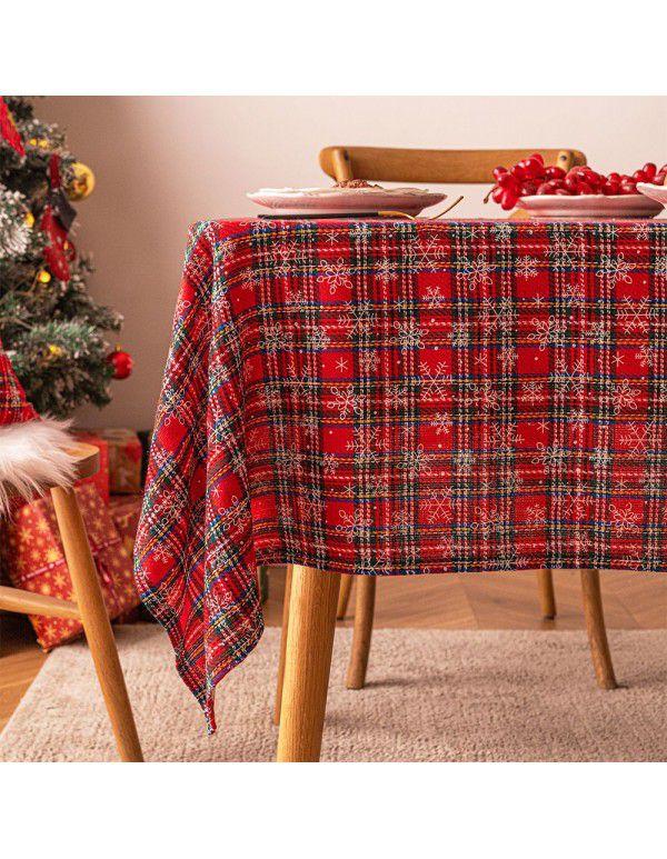 New American red and green plaid tablecloth snowflake printed tablecloth rectangular tea table cloth Christmas table cloth