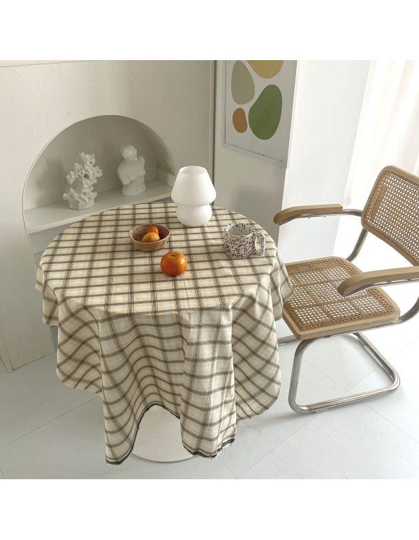 Korean ins beige big grid table cloth dormitory decoration coffee shop home stay hanging cloth picnic cloth cushion chic lawn