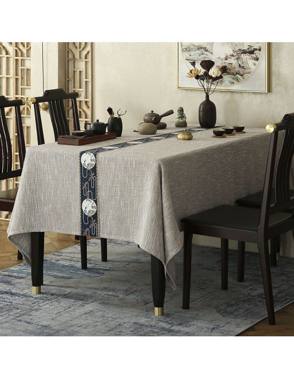 New Chinese Fushou Pine and Crane Cotton Subblue Heather Rice Grey Tea Table Tea Ceremony Zen Long Square Table Cover Table Cloth