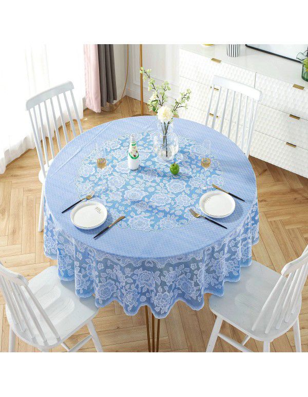 Cross border e-commerce gray big grid tassel imitation cotton linen tablecloth round household