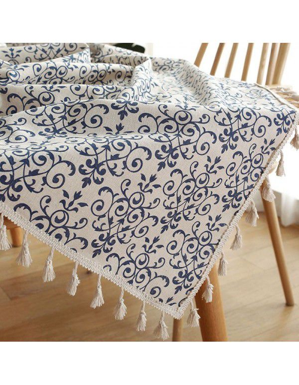 Cloth Papa New Chinese Vintage Blue and White Porcelain Cotton Linen ins Rectangular Table Table Cloth Tassel Table Cushion Tea Table Table Cloth