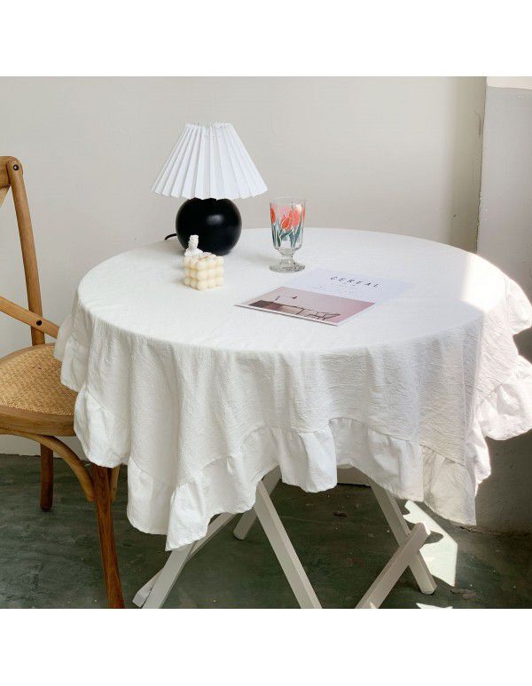 Ins Net Red Vintage Pleated Ruffles Table Cloth White Lace Shooting Background Cloth Living Room Table Cloth Home stay