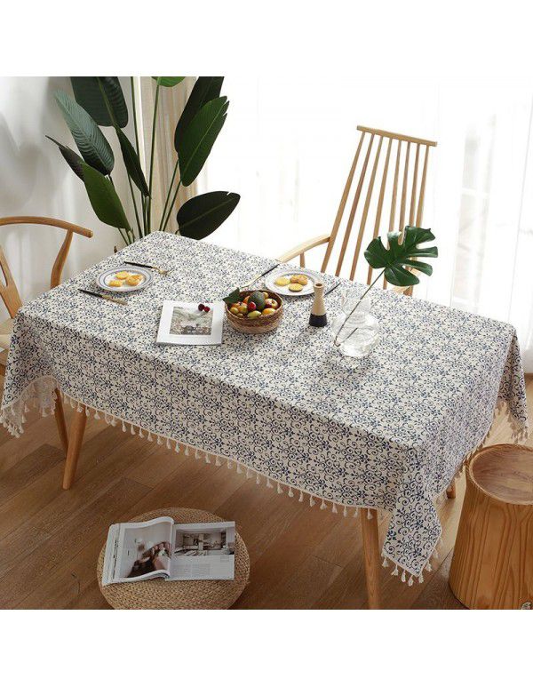 Cloth Papa New Chinese Vintage Blue and White Porcelain Cotton Linen ins Rectangular Table Table Cloth Tassel Table Cushion Tea Table Table Cloth