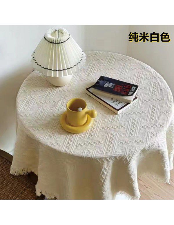 French ins style white table cloth Japanese tea table table cloth Net red photo round table cloth cotton linen table mat cover