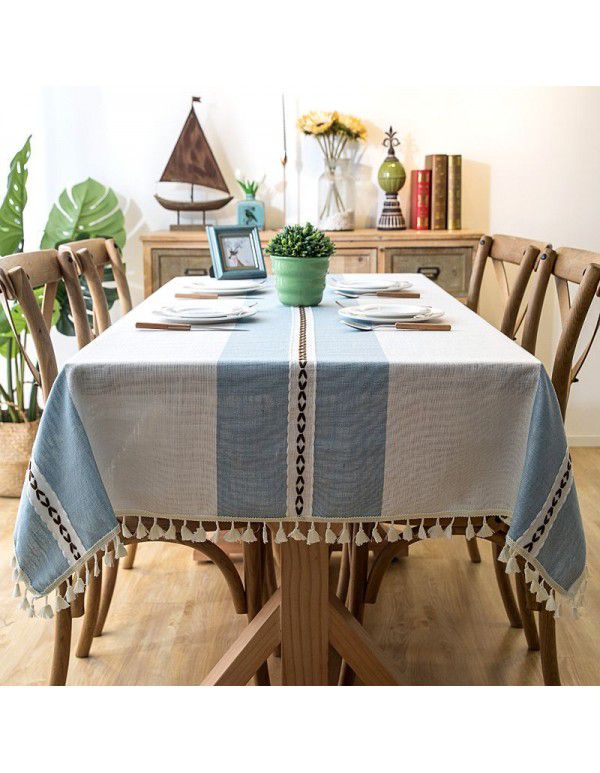 INS Nordic waterproof jacquard imitation cotton and linen embroidered tassel tablecloth lace geometric rectangular table tea table tablecloth