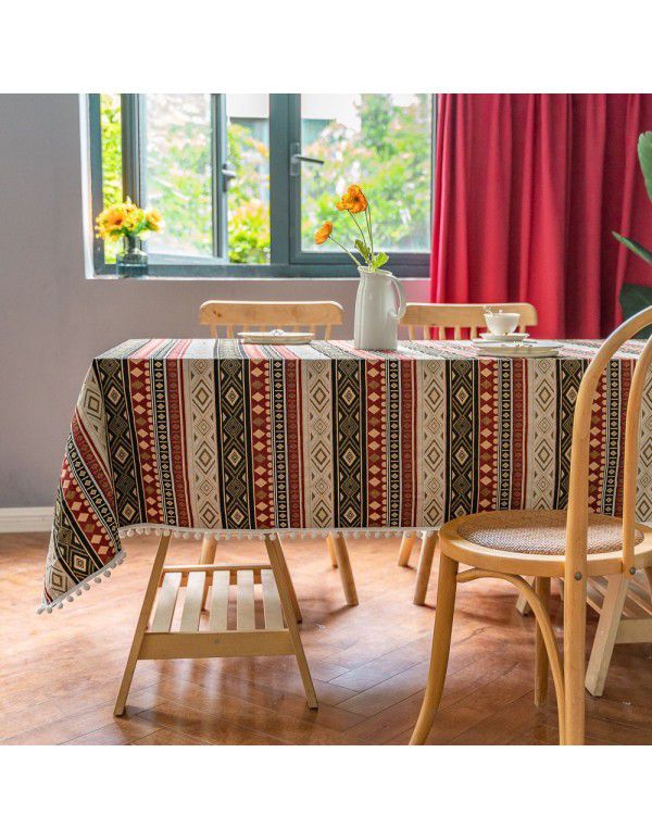 Ins Cross border New Moroccan Style Wool Ball Table Cloth Rectangular Desktop Set Decorative Table Cloth Tea Table Cover