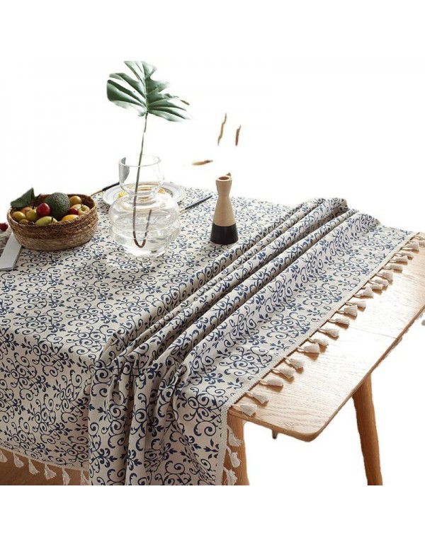 Cloth Papa New Chinese Vintage Blue and White Porcelain Cotton Linen ins Rectangular Table Table Cloth Tassel Table Cushion Tea Table Table Cloth