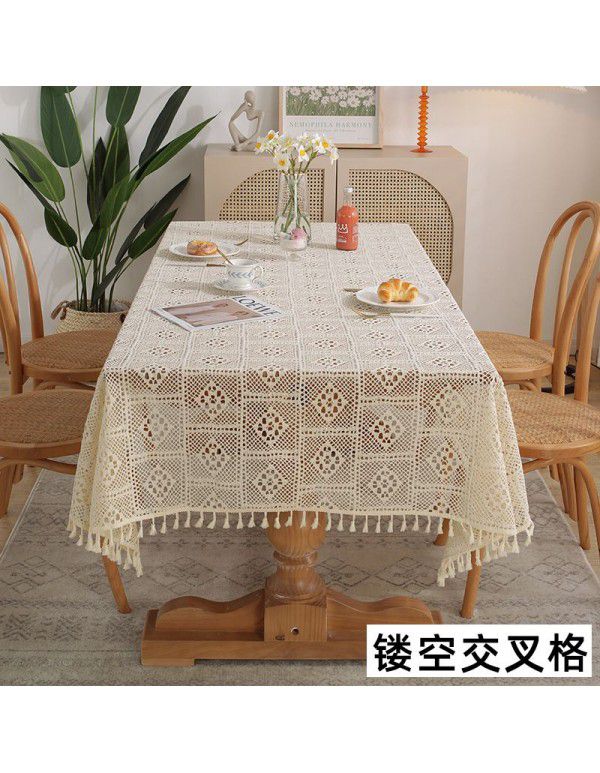 American style pastoral crochet table cloth woven hollowed out table cloth tassel cover table cloth beige hollowed out cloth table mat