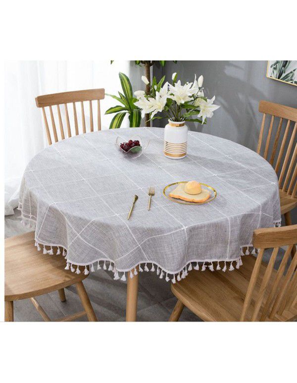 Cross border e-commerce gray big grid tassel imitation cotton linen table cloth round home living room party table cloth wholesale