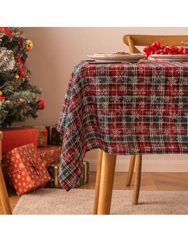 New American red and green plaid tablecloth snowflake printed tablecloth rectangular tea table cloth Christmas table cloth