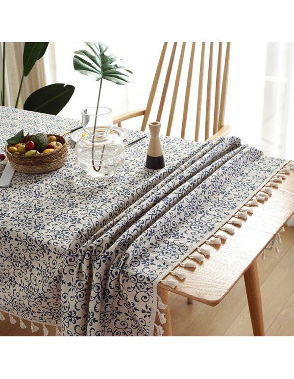 Cloth Papa New Chinese Vintage Blue and White Porcelain Cotton Linen ins Rectangular Table Table Cloth Tassel Table Cushion Tea Table Table Cloth