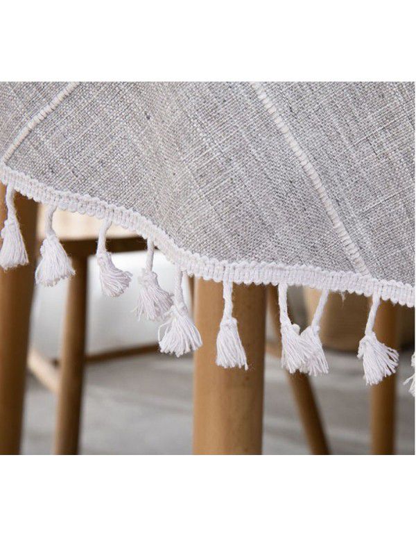 Cross border e-commerce gray big grid tassel imitation cotton linen table cloth round home living room party table cloth wholesale