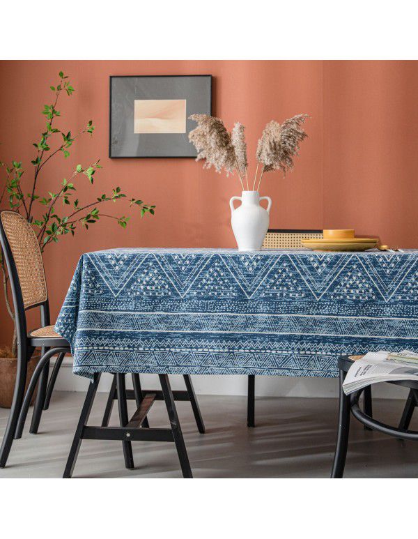 Yimanqi table cloth blue geometric triangle printing blog cotton linen rectangular table cloth tea table cover