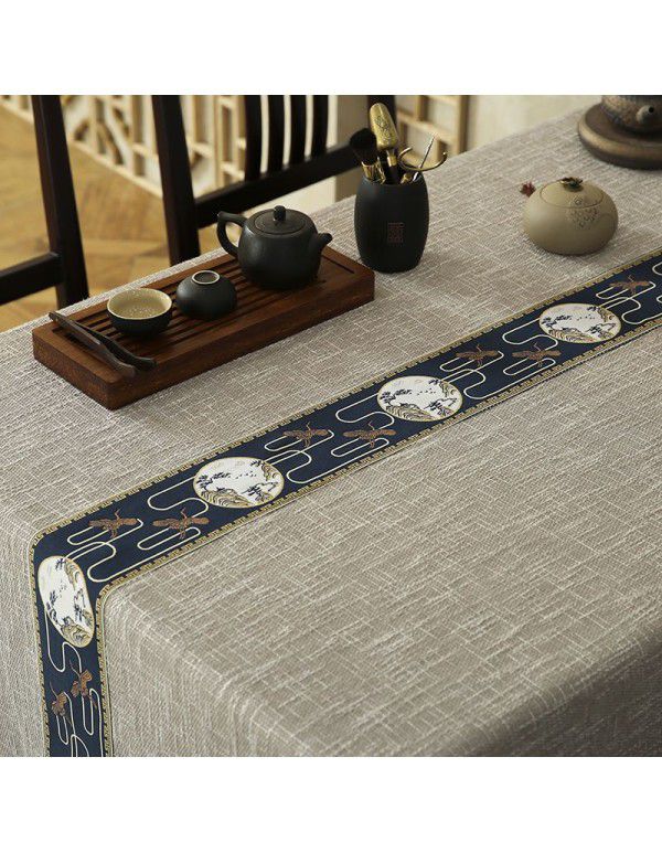 New Chinese Fushou Pine and Crane Cotton Subblue Heather Rice Grey Tea Table Tea Ceremony Zen Long Square Table Cover Table Cloth