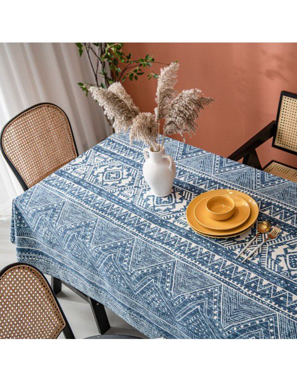 Yimanqi table cloth blue geometric triangle printing blog cotton linen rectangular table cloth tea table cover