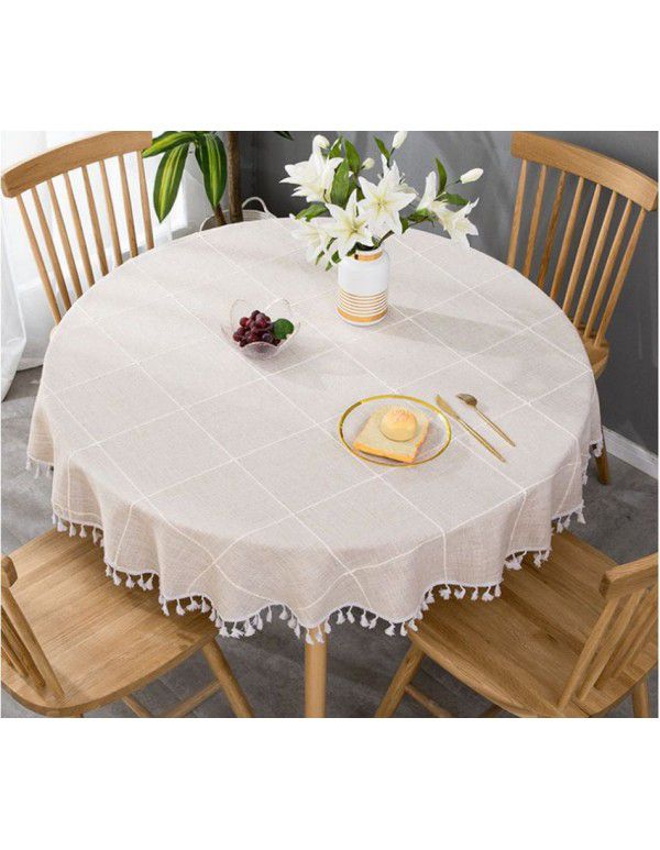 Cross border e-commerce gray big grid tassel imitation cotton linen table cloth round home living room party table cloth wholesale