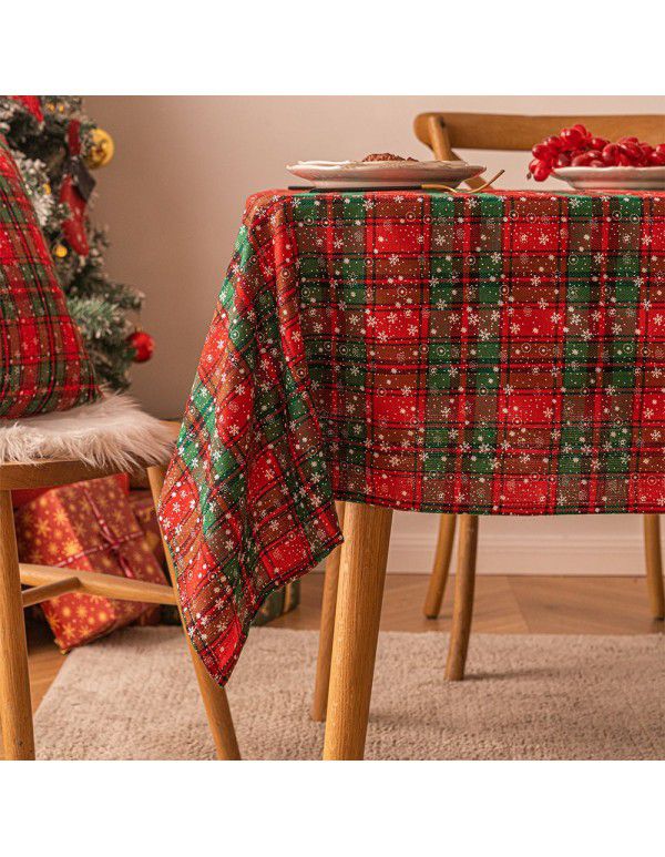 New American red and green plaid tablecloth snowflake printed tablecloth rectangular tea table cloth Christmas table cloth