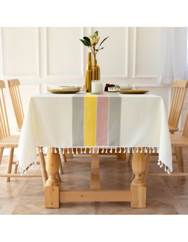  simple stripe decorative linen tablecloth tassels thickened rectangular wedding table cover tea table wholesale