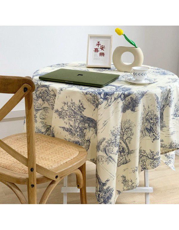 Ins French retro blue ink painting pastoral tablecloth Korean picnic mat