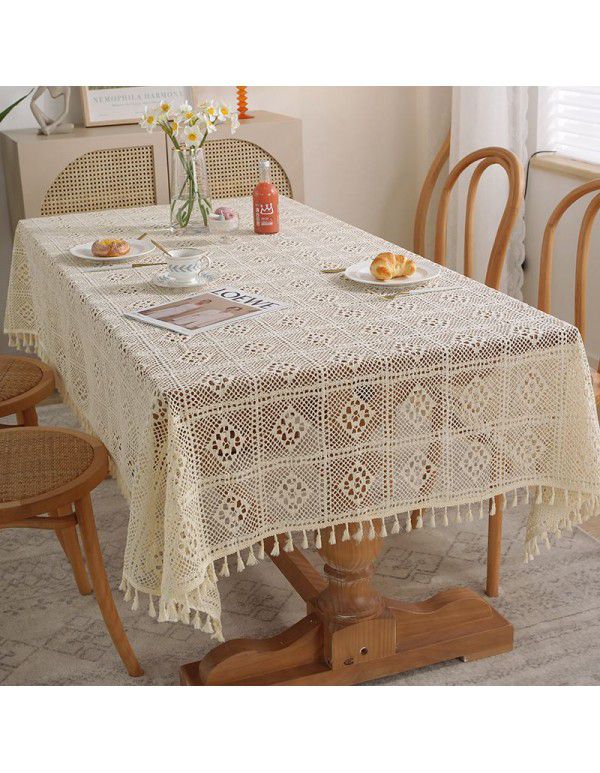 American style pastoral crochet table cloth woven hollowed out table cloth tassel cover table cloth beige hollowed out cloth table mat