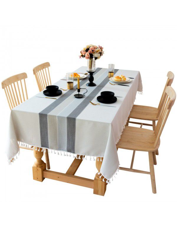  simple stripe decorative linen tablecloth tassels thickened rectangular wedding table cover tea table wholesale