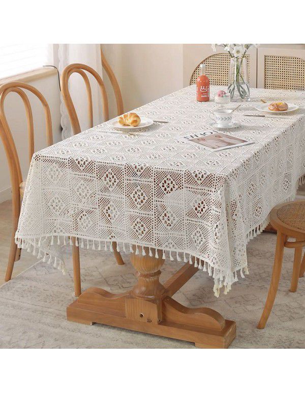 American style pastoral crochet table cloth woven hollowed out table cloth tassel cover table cloth beige hollowed out cloth table mat