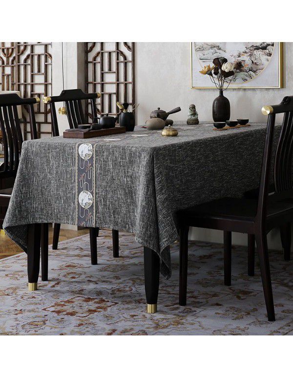 New Chinese Fushou Pine and Crane Cotton Subblue Heather Rice Grey Tea Table Tea Ceremony Zen Long Square Table Cover Table Cloth