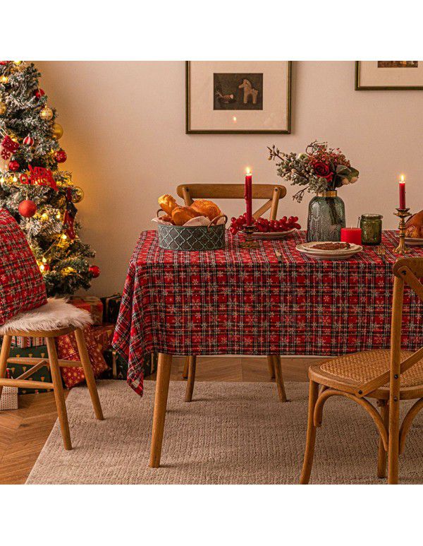 New American red and green plaid tablecloth snowflake printed tablecloth rectangular tea table cloth Christmas table cloth