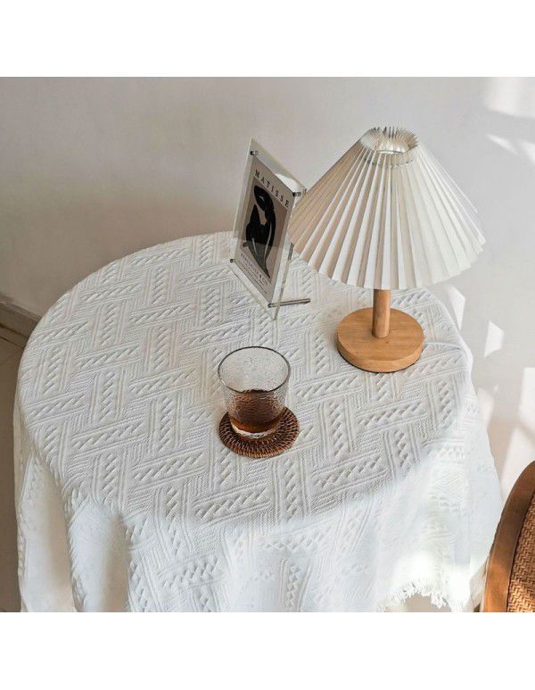 French ins style white table cloth Japanese tea table table cloth Net red photo round table cloth cotton linen table mat cover