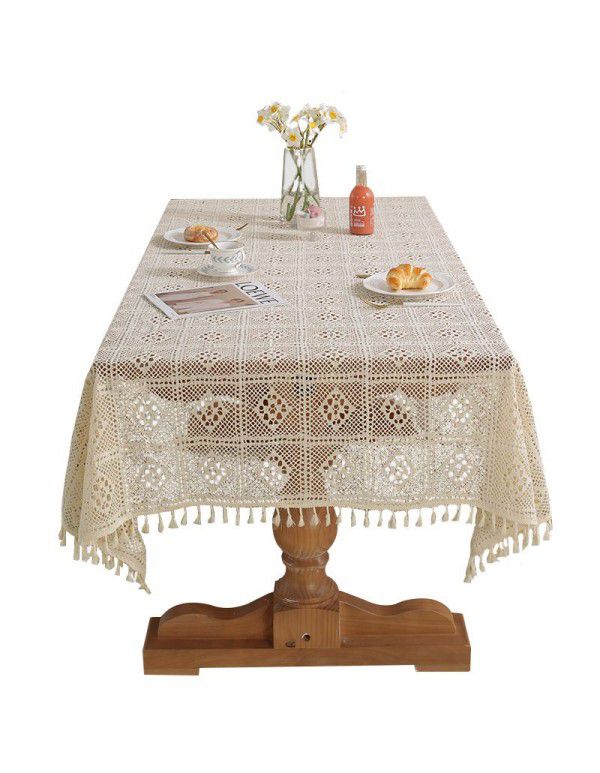 American style pastoral crochet table cloth woven hollowed out table cloth tassel cover table cloth beige hollowed out cloth table mat