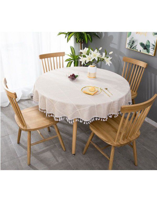 Cross border e-commerce gray big grid tassel imitation cotton linen table cloth round home living room party table cloth wholesale