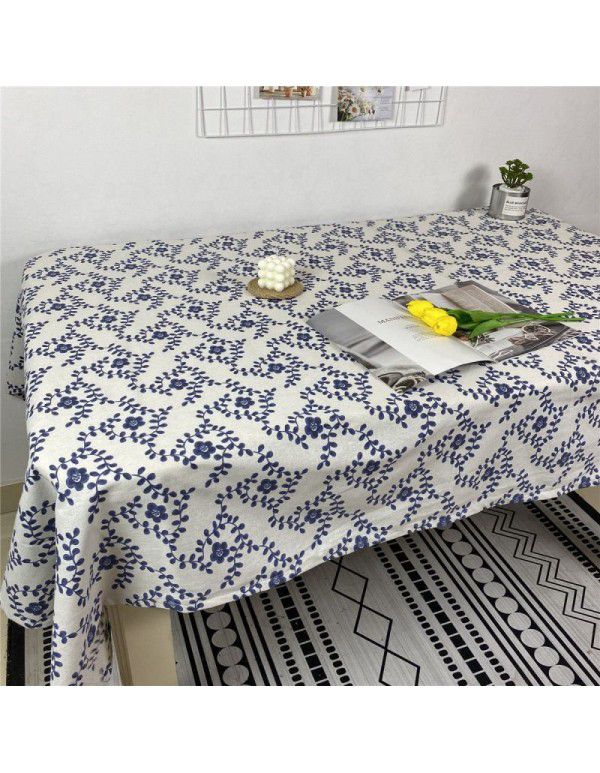 Korean retro blue floral tablecloth ins style rose picnicking cloth background cloth cotton linen tea table cloth