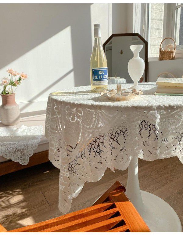 Ins vintage white lace tablecloth photo home stay decoration hollowed out rectangular cloth tea table background cloth European style