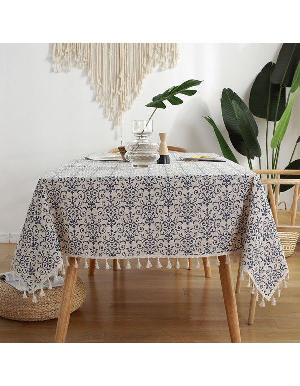 Cloth Papa New Chinese Vintage Blue and White Porcelain Cotton Linen ins Rectangular Table Table Cloth Tassel Table Cushion Tea Table Table Cloth