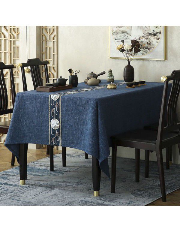 New Chinese Fushou Pine and Crane Cotton Subblue Heather Rice Grey Tea Table Tea Ceremony Zen Long Square Table Cover Table Cloth