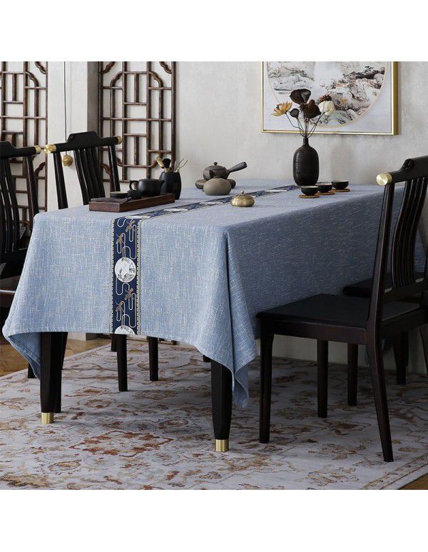 New Chinese Fushou Pine and Crane Cotton Subblue Heather Rice Grey Tea Table Tea Ceremony Zen Long Square Table Cover Table Cloth