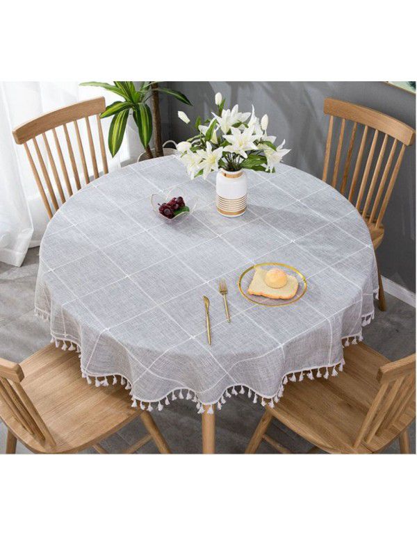 Cross border e-commerce gray big grid tassel imitation cotton linen table cloth round home living room party table cloth wholesale