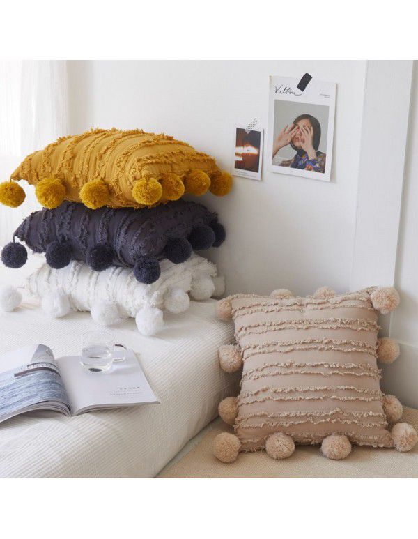 Retro style simple sofa pillow Japanese cotton linen jacquard ball pillow solid tassel cushion